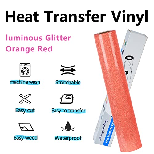 Image of guangyintong Glow Glitter Orange Red Heat Transfer Vinyl HTV Rolls, 12 inch x 8ft Iron on Vinyl for T-Shirts, Glitter HTV Vinyl for All Cutter Machines Easy to Cut & Weed for DIY Design