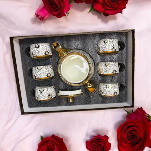 Image of DMRD Porcelain Tea Set with Kettle |Tea Cup Set 7Pc | Aesthetic and Classic Cups Set | Premium Crockery for Home & Gifting with Golden Color Geometric Pattern Design. (Vintage Gold)