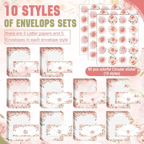 Image of TaoBary 160 Pcs Stationery Paper Set 50 Double Sided Stationery Papers with 50 Matching Envelopes and 60 Round Dot Sticker, 10 Design(Floral,8.5 x 11 Inch)
