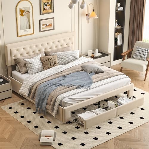 Cama de Matrimonio Acolchada 180x200 cm con Canapé Abatible y Cajones, Estructura de Cama Tapizada en Tela de Terciopelo Beige, Somier de Láminas de Madera, Gran Capacidad de Almacenaje, Sin colchón