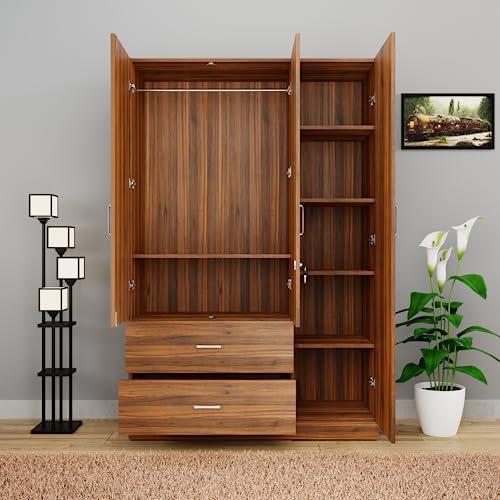 Image of VIKI Wardrobe | Wooden Almirah for Clothes,Door for Bedroom, 3 Door Wardrobe with Drawer & Hanging Space (Brussel Walnut - 40D x 120W x 180H) | 1 Year Warranty | Free Assembly