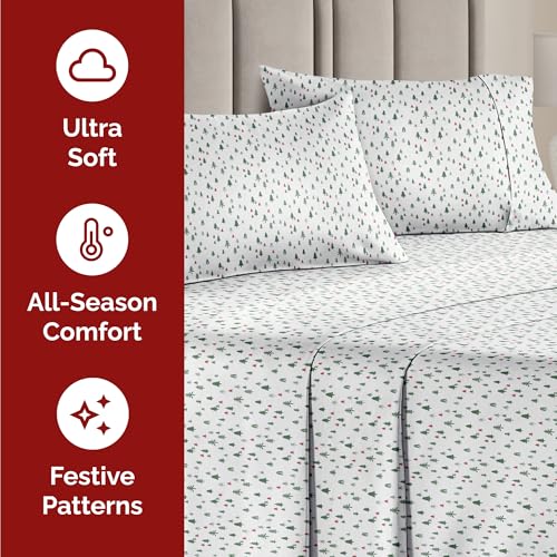 Twin Christmas Trees Sheet Set - Holiday Xmas Pattern Bedding Set - Deep Pockets - Snug Fit - 3 Piece - Wrinkle Free & Easy Care - Comfy Festive Winter - Holiday Sheets for Women, Men, Kids & Teens