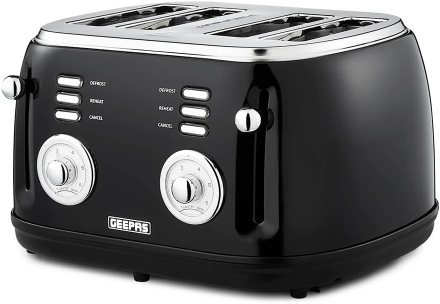 Geepas 4 Slice Bread Toaster with 6 Level Browning Control | Removable Crumb Tray, Defrost, Reheat & Cancel Function, Cord Storage | 2 Year Warranty, Stainless-Steel Housing, 1500W, Black