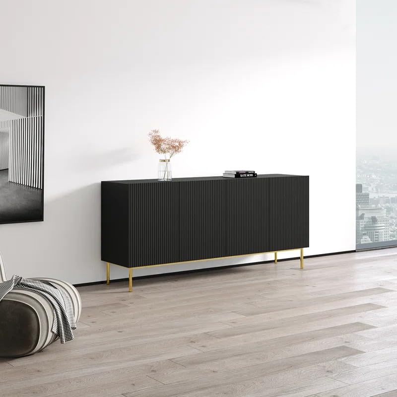 Heera Moti Kochi Contemporary Sideboard for Dining Room, MDF with MS Golden Accents, Buffet and Credenza, Soft-Close Hettich Shutters (Black, Medium)-image-19