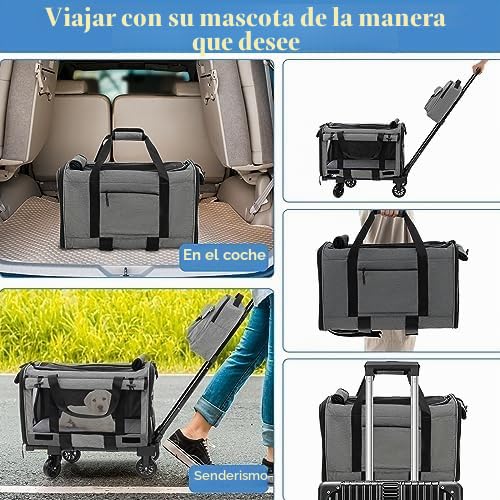 FANTASK Transportín portátil, bolsa de transporte con asa telescópica, ruedas y bolsillo pequeño, caja de viaje plegable para mascotas pequeñas y medianas
