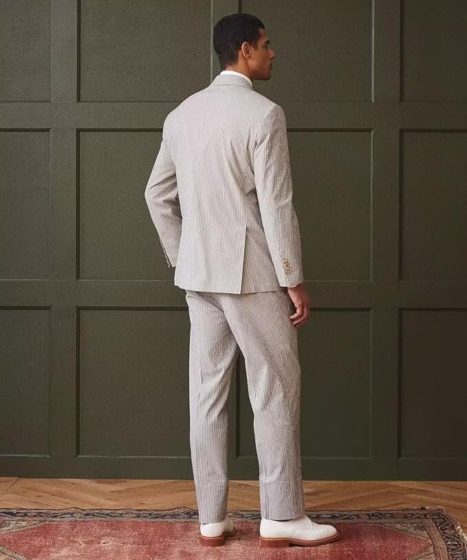 Men's Seersucker Suit 2 Piece Set Striped Double Breasted Suits for Men Summer Beach Wedding Prom Suits3