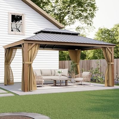 HOMPUS 12X16FT Hardtop Gazebo, Double Roof Gazebo with Galvanized Steel, Outdoor Metal Gazebos, Heavy Duty Canopy with Netting & Curtains, Patio Pavilion for Backyard, Garden, Deck, Drak Walnut