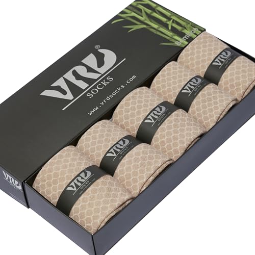 VRD Bamboo Mens Dress Socks for Men, 5-Pack, Beige, Tan, Light Bown Crew Length Mid-Calf Socks, Mens Shoe Size 8-13