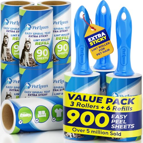 PetLovers Extra Sticky Lint Roller Mega Value Set 900 Sheets for Pet Hair Removal and Clothes Dog and Cat Lint Remover 10 Pack