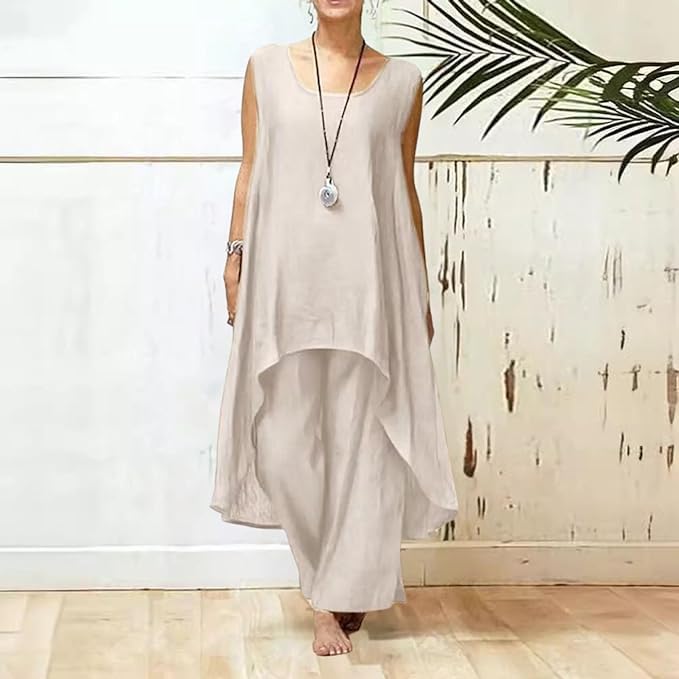 Linen Sets for Women 2 Piece Linen Outfits Trendy V Neck Irregular Linen Tops and Wide Leg Linen Pants Suits2