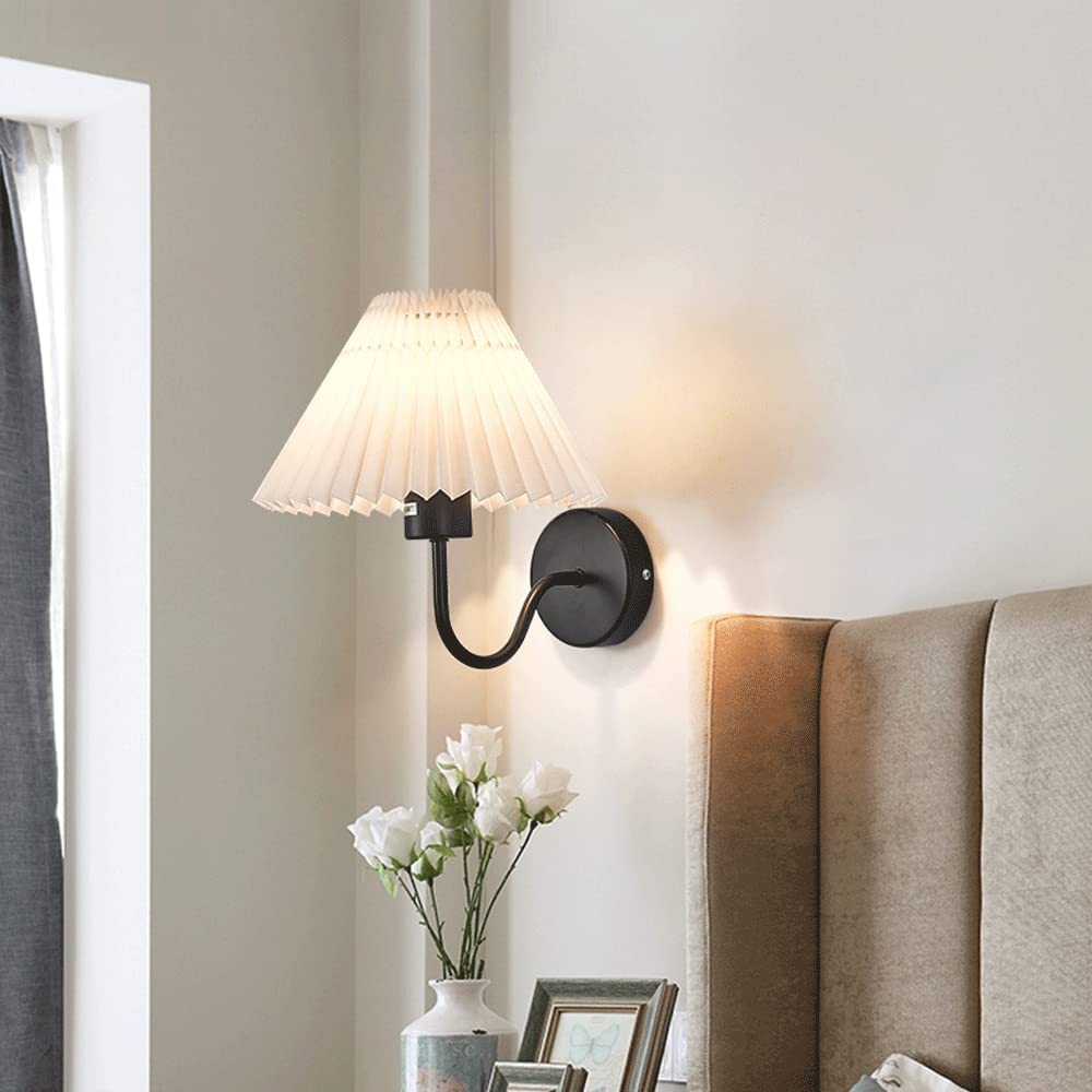 Feng Shui， Lampka nocna kinkiet biały rustykalny kinkiet ścienny na gęsiej szyi z plisowanym abażurem E27 nordyckie złoto lampa ścienna 1-oprawa do sypialni pokój dziecięcy salon, wykończenie w