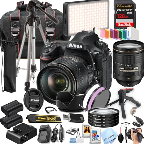 Nikon D850 DSLR Camera with 24-120mm f/4G ED VR Lens | 45.7 MP | 4K UHD + 128GB Extreme Memory, LED Video Light, Wide Angle Lens, Telephoto Lens, 3pc Filter Kit- 42pc Pro Bundle (Renewed)