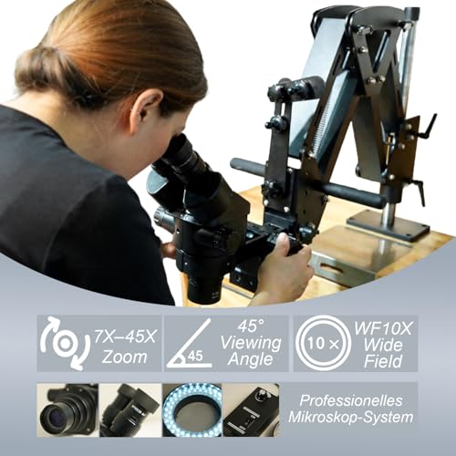 Image of Professional LCD Digital Trinocular Stereo Zoom Microscope with Boom-Arm Stand, 7X-45X & 7X-90X Continuous Zoom Magnification, HD Imaging for Jewelry Making HH-MH04A