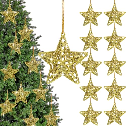Hollowfly HOLLOWFLY-PENDANTS, DROPS-DUC0815 24 Pcs Gold 3D Glitter Star Ornaments For Christmas Tree 3D Small Star Pendant Five Pointed Star Ornaments Hanging cover