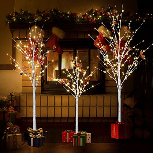 AWQM Lighted Birch Trees, Set of 3, Artificial 4 Feet 5 Feet 6 Feet Warm White Christmas Decoration Trees with 200 LED Lights for Home, Festival, Party, Indoor and Outdoor Use
