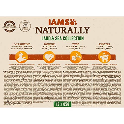 IAMS Naturally Senior Katzenfutter Nass in Sauce - hochwertiges Nassfutter mit Fleisch und Fisch für ältere Katzen, Land & Sea Collection, 12 x 85 g