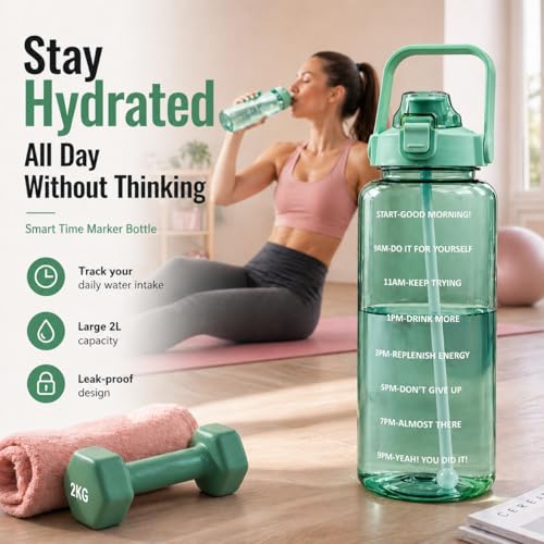 Image of DFIT 2L Transparent Motivational Water Bottle with Motivational Quotes, Time Marker, cute stickers, sippers, Leakproof Durable BPA Free Non-Toxic Plastic Bottle for Fitness, Gym (Green)