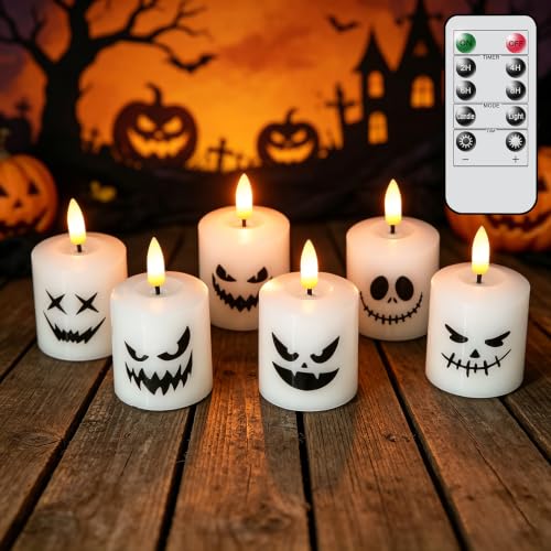 Image of Halloween Flameless Votive Real Wax Candles Battery Operated with Remote | White, 3D Wick Flickering, 2 /4 /6 /8H Timer, LED Light, Halloween Home Decor & Gift, 2 inch x 3.4 inch, 6 pack