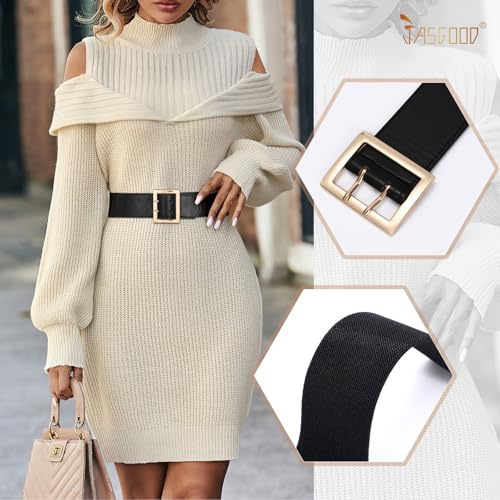 JASGOOD Women Wide Elastic Waist Belt for Dresses Fashion Gold Square Buckle Stretchy Leather Waistband for Ladies3
