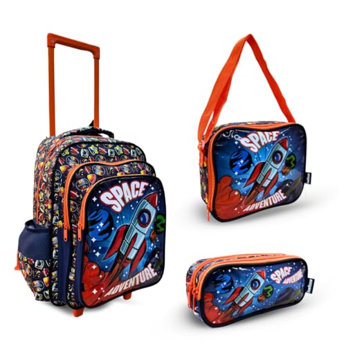 Balboa Kit Escolar com Rodinhas Space AMZ-171 Mochila 16', Lancheira Térmica e Estojo com 2 Compartimentos, Design de Foguete e Espaço