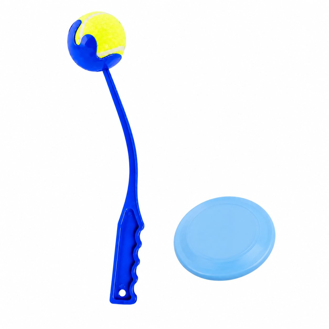 2PCS Manual Dog Ball Thrower Set with Tennis Ball & Mini Pet Frisbee, Blue