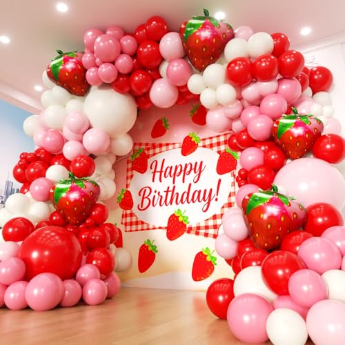 Image of Strawberry Balloons Garland Arch Kit 163pcs with 27 inch Strawberry Foil Balloons, Red and Pink white Balloons for Sweet Girl Berry First Birthday Themed Baby Shower Strawberry Party Decorations