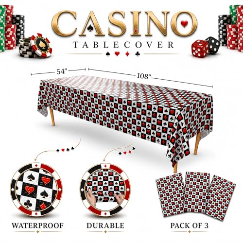 Image of Blue Orchards Casino Tablecover (Pack of 3) - XL 54 inchx108 inch - Immersive Casino Party Decorations, Poker Night Party Tablecloth, Vegas Themed Birthday Decor, Plastic Table Cover, Event Decoration