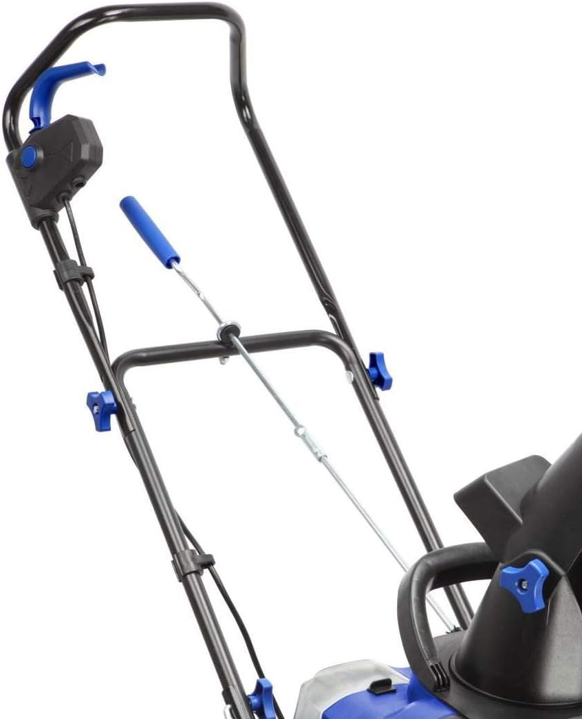 Close-up of the handle controls on the Snow Joe ION15SB-LT snow blower.