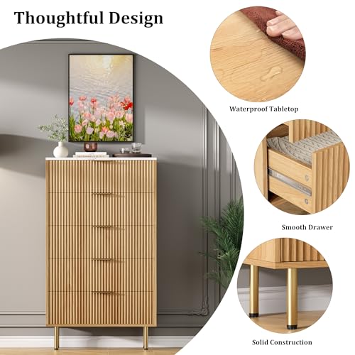 GarveeHome 5 Drawers Dresser for Bedroom, Fluted Dresser Chest of Drawers with Handle, Wood Modern Dressers for Closet, Bedroom Furniture Storage Organizer for Living Room, Hallway