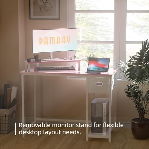 Image of Pamray 39 Inch Computer Desk with Monitor Stand Small Home Office Desks with Non-Woven Storage Drawer for Bedroom Study Table Writing and Work Desk Pink
