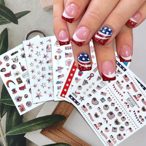 Xiannaipai XIANNAIPAI232 6 Sheets Independence Day Nail Art Stickers Usa Flag Nail Decals 3D Self Adhesive Classics American Flag Star Heart Eagle Statue Of Liberty Nail Designs Sticker For Women 4Th Of July Nail Decoration cover