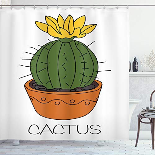 ABAKUHAUS Cactus Tenda da Doccia, Pianta con Fiore Giallo, Tessuto Set di Decorazioni per Il Bagno con Ganci, per la Vasca da Bagno, 175 cm x 200 cm, Arancione Verde Giallo