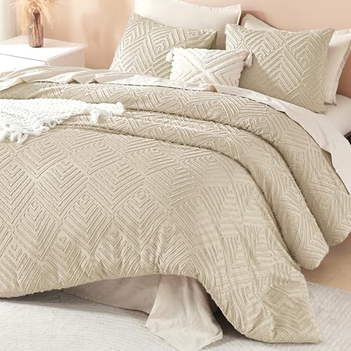 Image of Litanika Khaki King Size Comforter Set, 3 Pieces Tufted Boho Farmhouse Bedding Comforter Sets, Lightweight Fluffy Comforter Bed Set for All Season (104x90In Comforter and 2 Pillowcases)