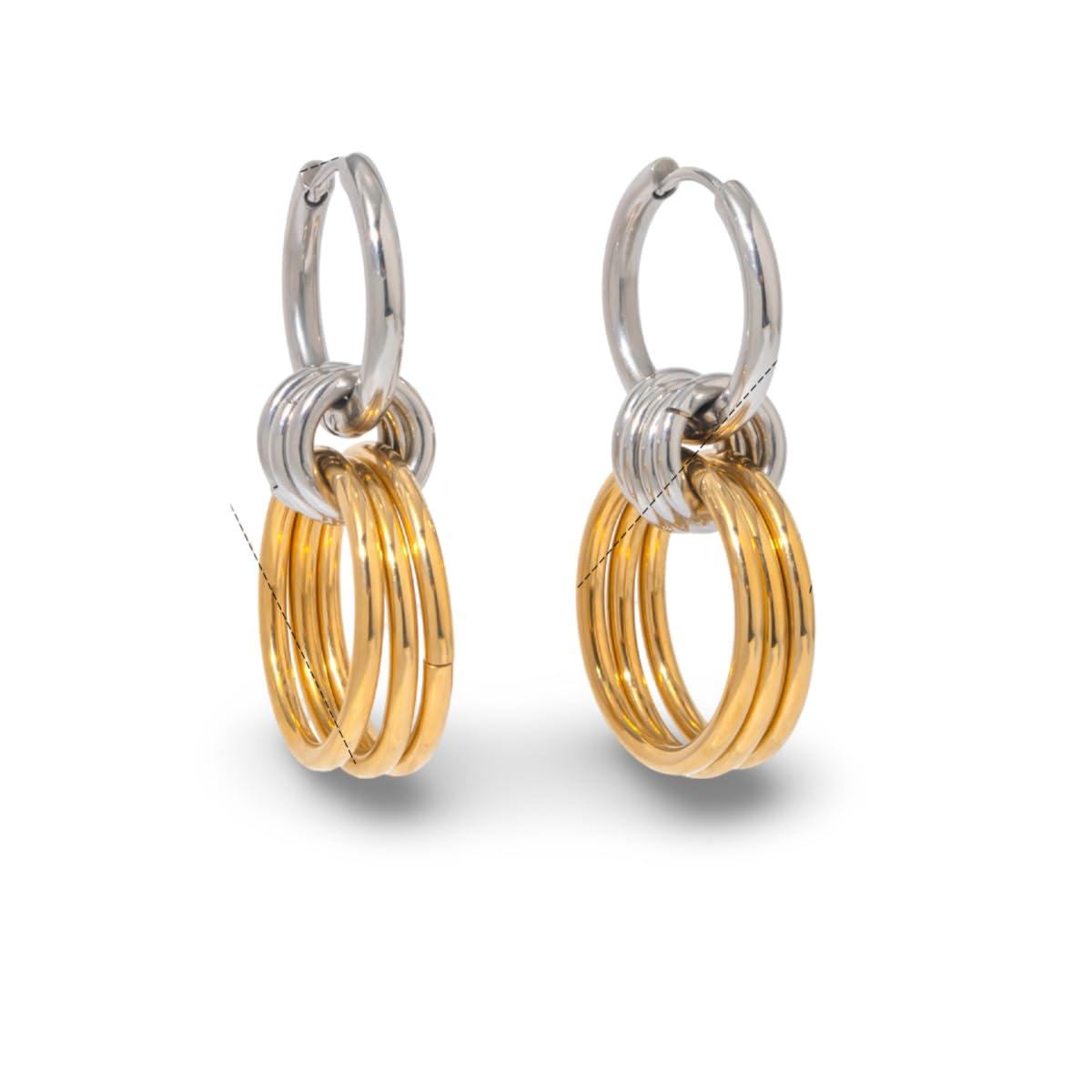 Women's Two-Tone Stainless Steel Huggie Hoop Earrings with Gold Winding Dangle Element