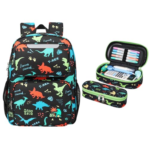 Kids Backpacks & Pencil Case for Boys - Pencil Pouch for Kids Pencil Box Pencil Bag for School School Bookbag for Preschool Kindergarten(Black Dinasour)