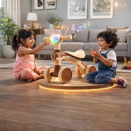 Image of Mini Bloom First Balancing Bike for Kids | No Pedal Manual Push Bike | Musical Balance Bike with LED Light | Suitable for 1-3 Years | Max Capacity 20kg | Brown | KB-157