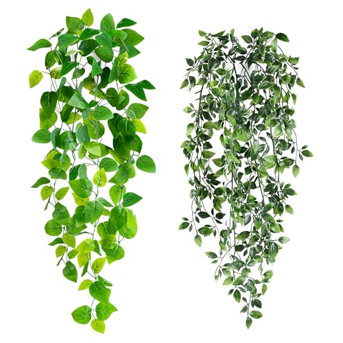 BTSD-home 2 Pack Artificial Hanging Plants with Pots Fake Plants for Indoor Outdoor Home Wall Shelf Patio Office Decor
