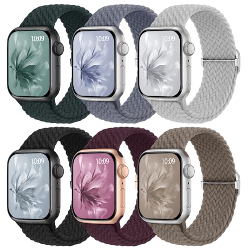 Image of 6 Pack Braided Stretchy Bands Compatible with Apple Watch Band 38mm 40mm 41mm 42mm 44mm 45mm 46mm 49mm Women Men, Adjustable Nylon Solo Loop Elastic Straps for iWatch Series 11 10 9 8 7 6 5 4 SE Ultra