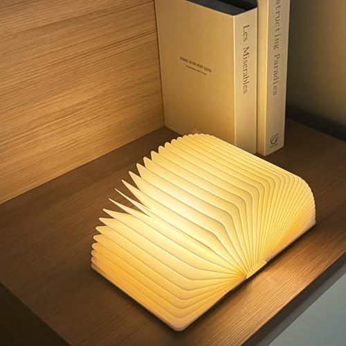 STIFFOUR Lampada a libro in legno, 3 colori, pieghevole, luce gialla, luce a LED per libri, decorazione domestica, regalo di compleanno, color noce, piccola (mini)