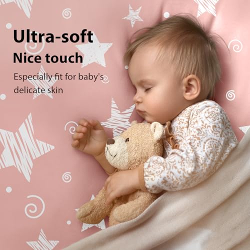 Baby Mini Crib Sheets Girl, Portable 38”x26” Pack and Play Sheets Fitted for Playard and Pack N Play Mattress, 3-Pack Soft Microfiber Pink Stars