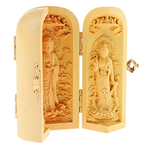 MagiDeal Tibet Buddhism Boxwood Kwan-yin Shakyamuni GuanYin 3 God Buddha Statue Box