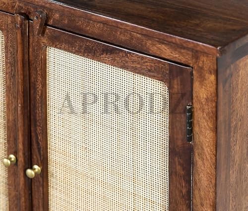 Image of APRODZ 2 Door Cabinet with Wicker Front 2 Shelves | Mango Wood Storage Organizer | Rustic Durable Stylish Wooden Furniture | Compact Design Home Decor (Brown)