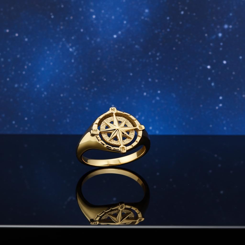 LA BLINGZ Gold Compass Ring for Women North Star Compass Rose Open Signet High Polished 10K 14K Yellow or White gold