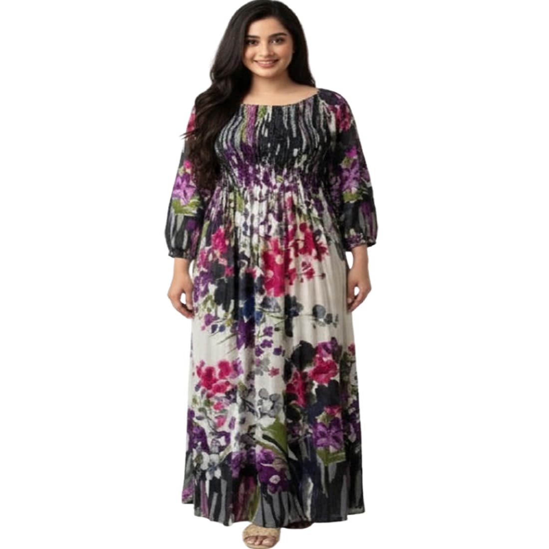 Floral Maxi Printed Rayon Full Sleeves Bobbin One Piece fit and Flare Dress tie dye Pattern Comfy Night Wear Gown for Women Multi-Colour (Free Size)-image-13