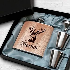 Pixelstudio Houten heupfles met hertengravure, gepersonaliseerd met naam, cadeauset, cadeau voor mannen, jagers…