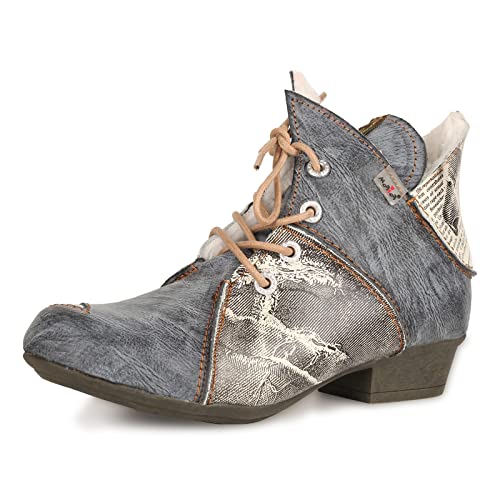 TMA EYES Women's Ankle Boots V Cutout Patchwork Booties Low Heel Lace-up Boots