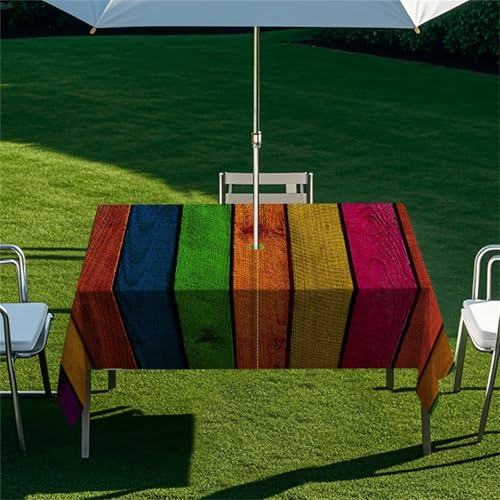Morbuy Mantel Mesa Rectangular con Agujero para Sombrilla, Estilo Tablero de Madera 3D Mantel Impermeable Antimanchas Exterior Jardin para Decoración Fiesta Cocina (Colorido,213x152cm)