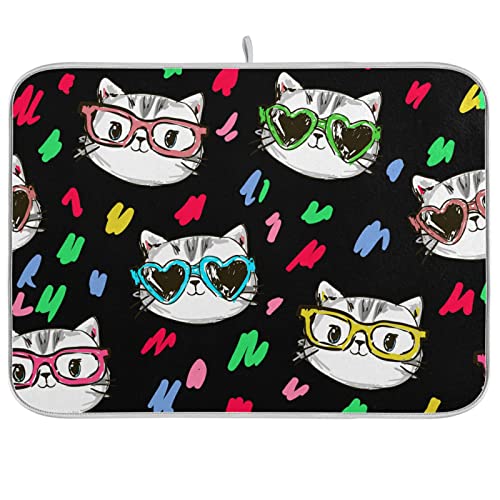 Alfombrilla Escurreplatos 41X46CM, Gatos con Gafas, Pintura Colorida sobre Negro Drying Mat Lavable Estera Fregadero Secado Rápido Absorbente Alfombra Escurreplatos para Cocina Encimera Vajilla