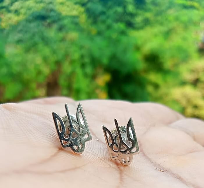 14K White Gold Plated 925 Sterling Silver Ukrainian Tryzub Trident Stud Earrings with Screw Back2