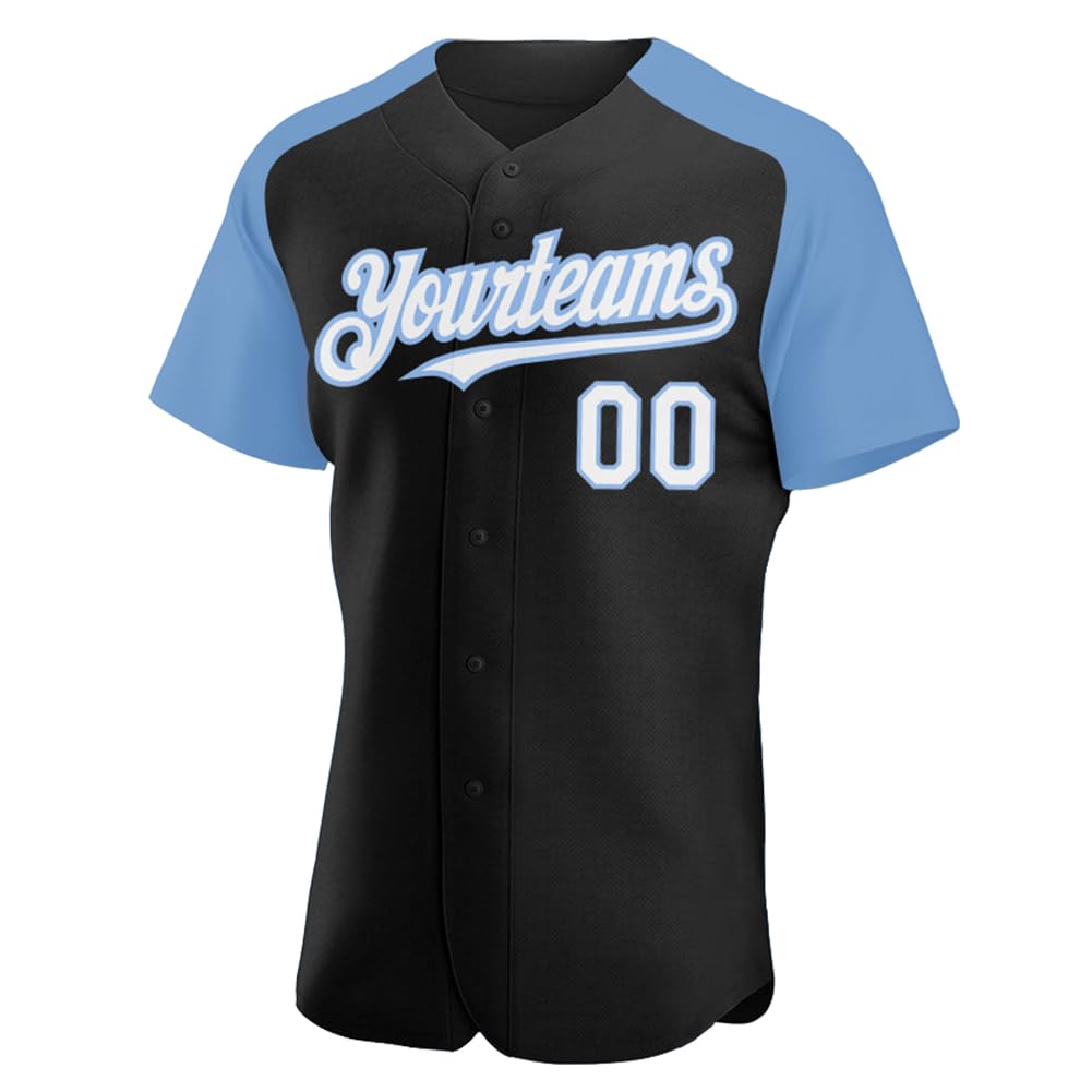 Custom 90s Baseball Jersey Button Down Short Sleeve Baseball Shirts Basic Short Sleeve Personalized Black Light Blue Two Tone Baseball Uniform Stitched Name Number Softball Jersey for Men Women Youth